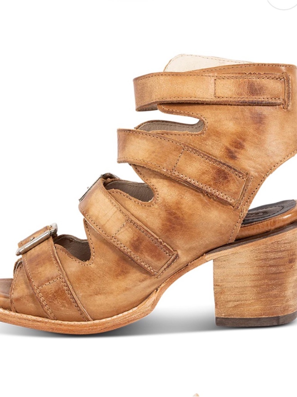 freebird Distressed Leather Strappy Block Heel Sandal in Cognac - Picture 2 of 5
